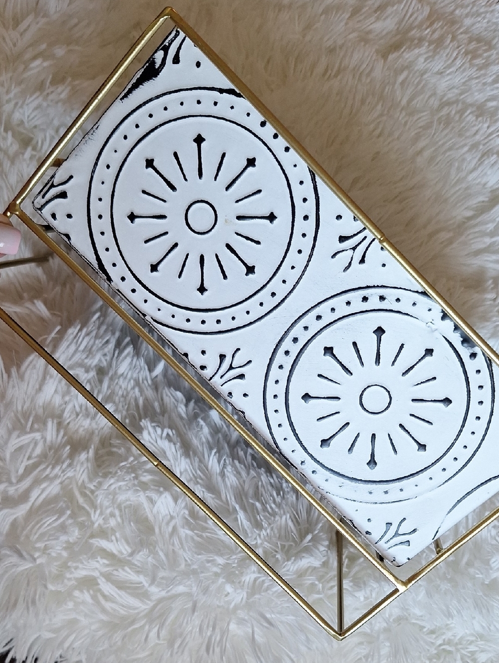 Rustic Black & White Decorative Tray with Gold Metal Frame